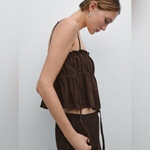 Massimo Dutti gathered suede leather top with straps, Brown XS NWT